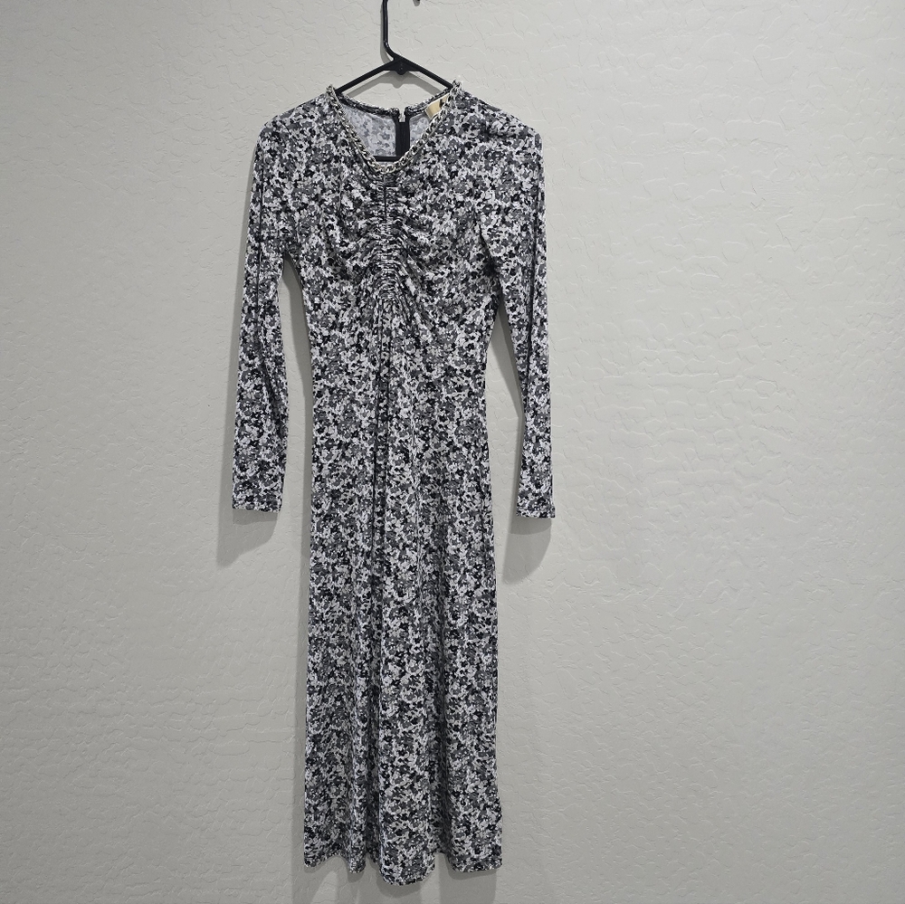 Michael Kors gray,white and black print, silver chain neck long sleeve dress